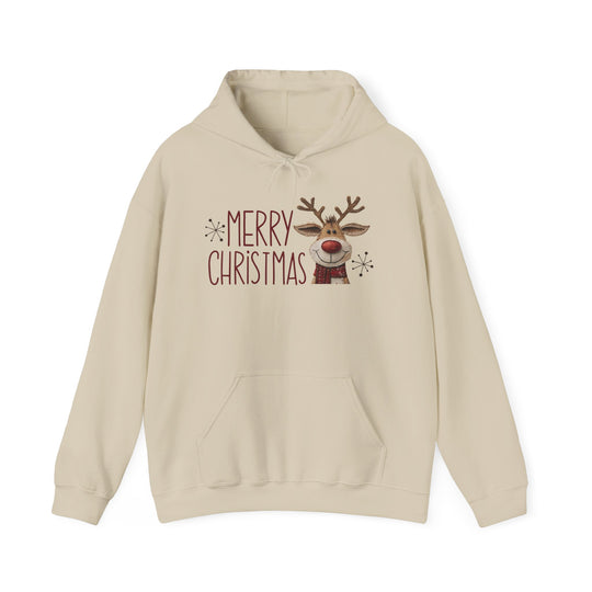 Merry Christmas Reindeer Hoodie: Cream hoodie with festive red text, star motifs, and a cartoon reindeer design, featuring a cozy kangaroo pocket and drawstring hood.