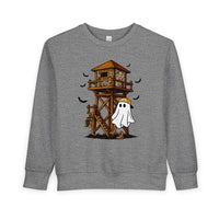 Ghost Hunter Toddler Crew: Heather-gray sweatshirt with a Halloween-hunting graphic featuring a ghost in boots, hunting-blind, pumpkins, and bats, perfect for cozy toddler wear.