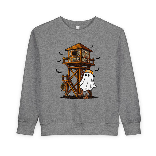 Ghost Hunter Toddler Crew: Heather-gray sweatshirt with a Halloween-hunting graphic featuring a ghost in boots, hunting-blind, pumpkins, and bats, perfect for cozy toddler wear.