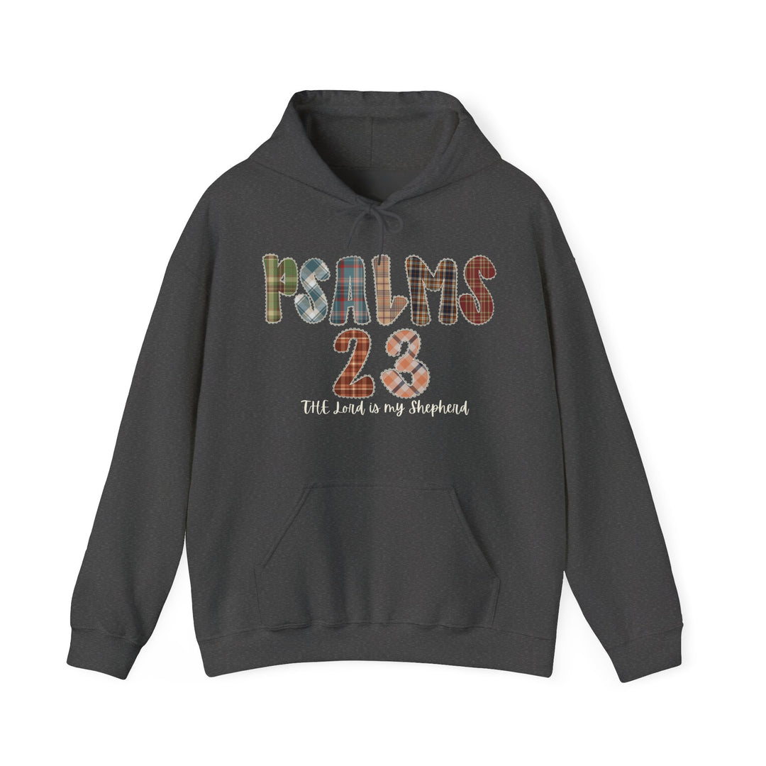 Charcoal-colored hoodie with PSALMS 23 in plaid lettering and The Lord is my Shepherd beneath, featuring a kangaroo pocket and drawstring hood.