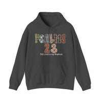 Charcoal-colored hoodie with PSALMS 23 in plaid lettering and The Lord is my Shepherd beneath, featuring a kangaroo pocket and drawstring hood.