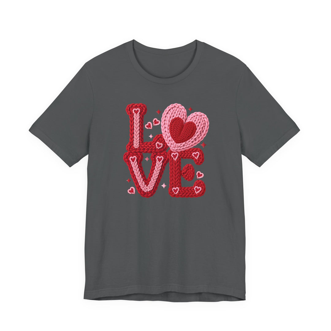 Charcoal-gray crew-neck T-shirt with LOVE graphic in red and pink, featuring a heart for the O. Soft cotton, unisex fit, by Faith Family Designs.