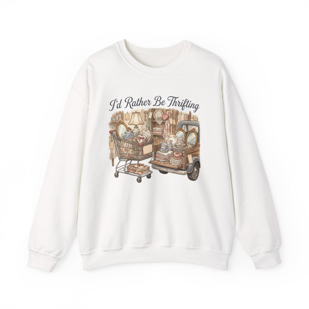 I'd Rather Be Thrifting Crew sweatshirt featuring a hand-drawn shopping cart and pickup truck filled with thrifted treasures, emphasizing comfort and style.