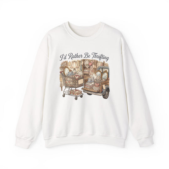 I'd Rather Be Thrifting Crew sweatshirt featuring a hand-drawn shopping cart and pickup truck filled with thrifted treasures, emphasizing comfort and style.