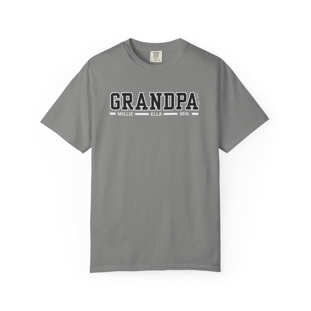 Close-up of the Grandpa Customizable Tee, showcasing its soft, garment-dyed fabric and durable design with double-needle stitching, ideal for everyday wear.