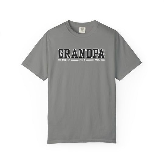 Close-up of the Grandpa Customizable Tee, showcasing its soft, garment-dyed fabric and durable design with double-needle stitching, ideal for everyday wear.