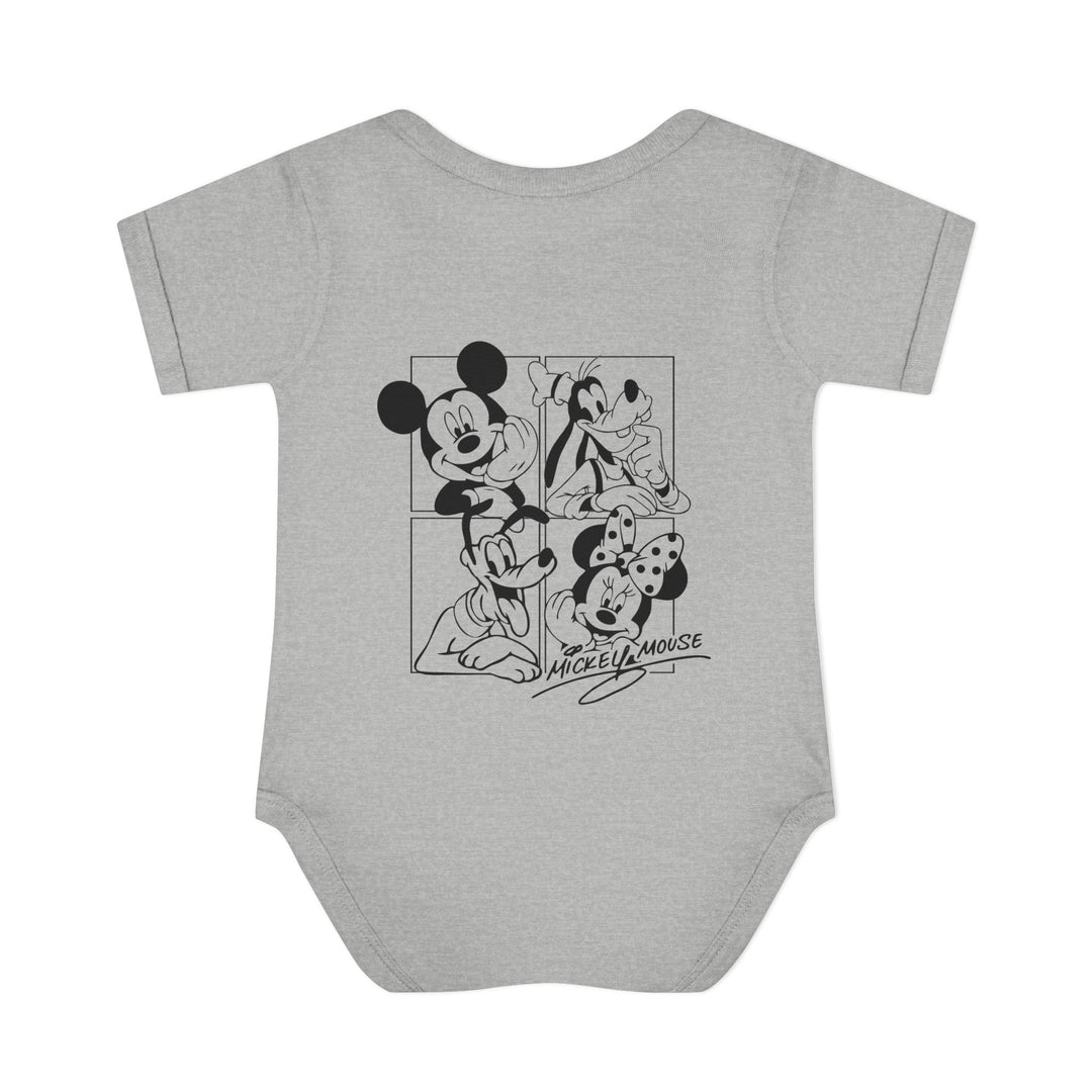 Mickey and CO Onesie: Soft, infant unisex bodysuit with lap shoulders, crafted from 100% combed ring-spun cotton, ideal for comfort and ease of dressing.
