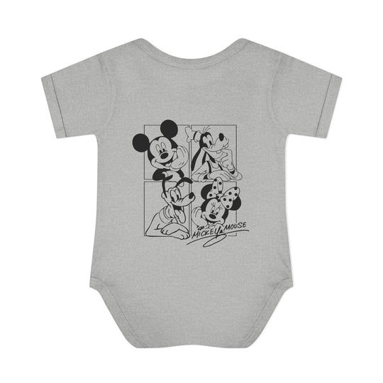 Mickey and CO Onesie: Soft, infant unisex bodysuit with lap shoulders, crafted from 100% combed ring-spun cotton, ideal for comfort and ease of dressing.