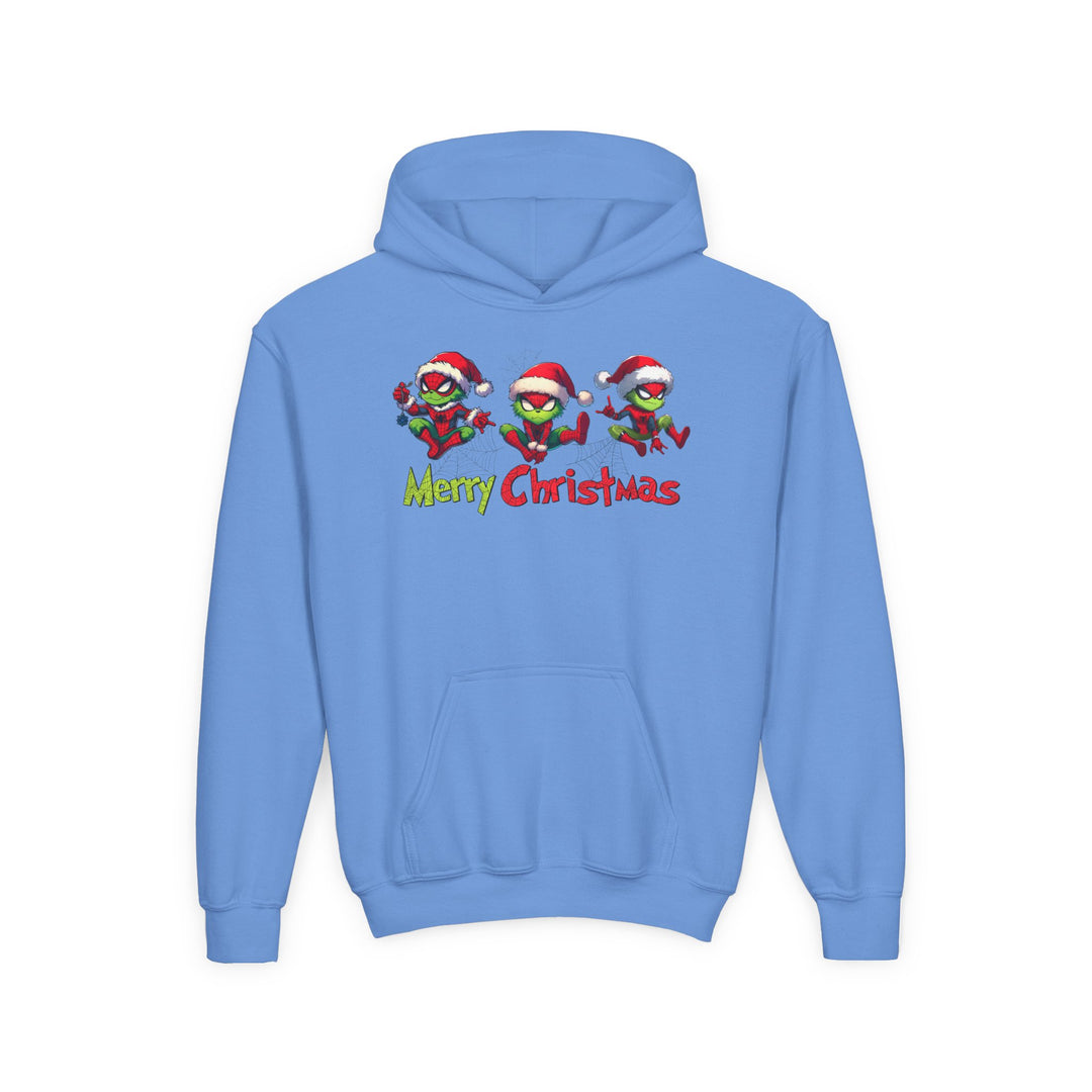 Spider Youth Hoodie: Light-blue pullover featuring festive green cartoon characters in Santa hats, with Merry Christmas text below. Made from ultra-soft, preshrunk fleece with kangaroo pocket.