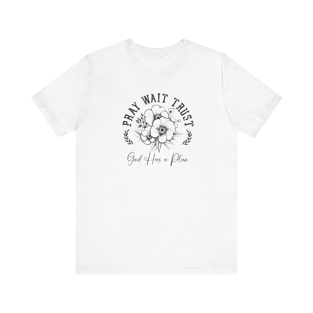 Pray Wait Trust Tee featuring a floral design on a white jersey, showcasing a classic fit with ribbed collars and dual side seams for durability.