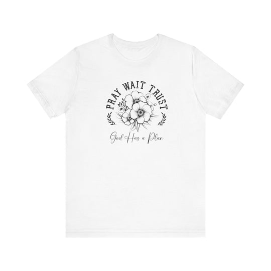 Pray Wait Trust Tee featuring a floral design on a white jersey, showcasing a classic fit with ribbed collars and dual side seams for durability.
