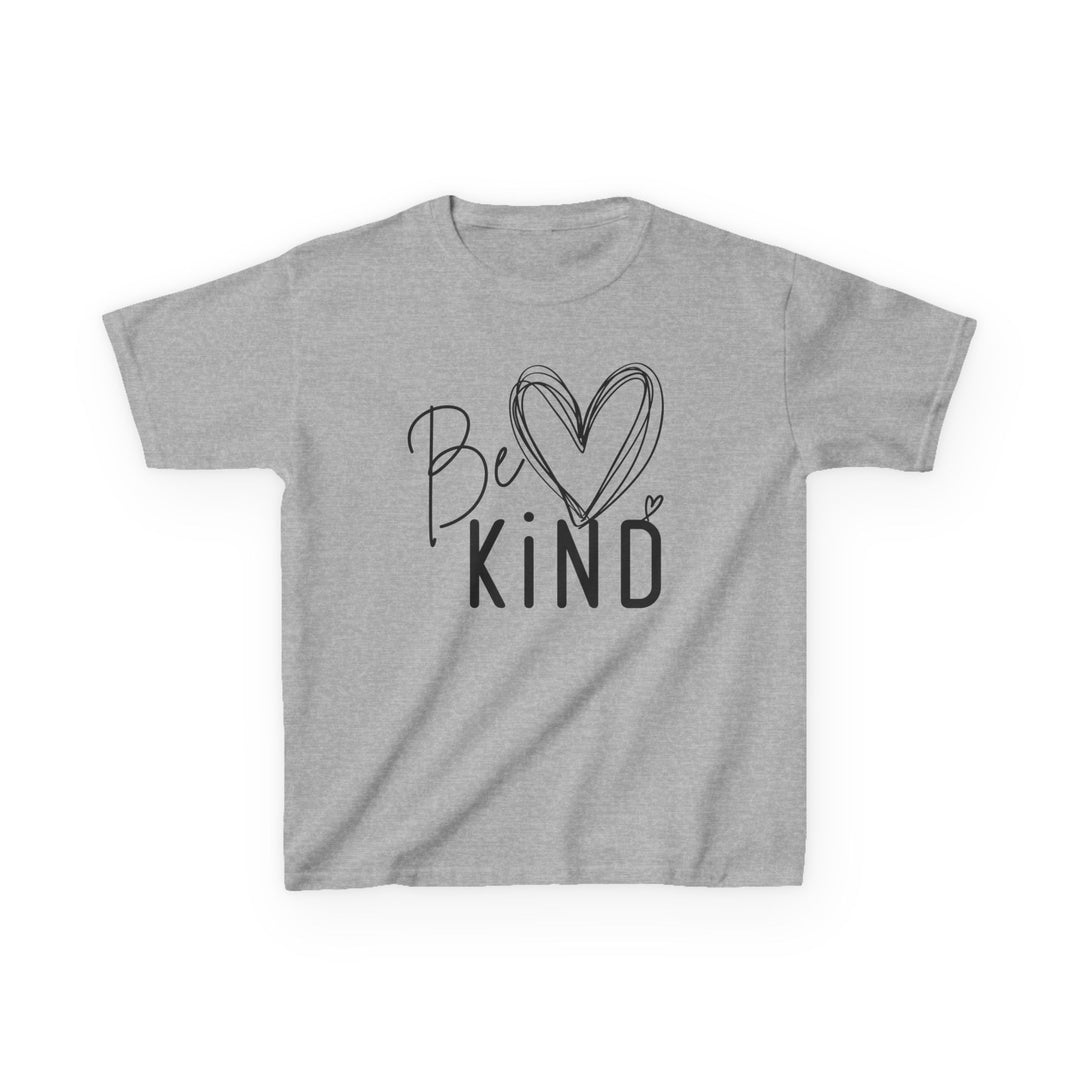 Light-grey Be Kind Kids Tee with heart accents, featuring durable, soft 100% cotton, perfect for daily wear. Ideal for promoting kindness among children.