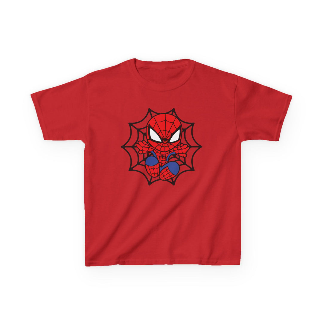 Spider Kid Kids Tee featuring a large Spider-Man graphic with his masked head and hands on a red, short-sleeved shirt. Ideal for everyday wear.