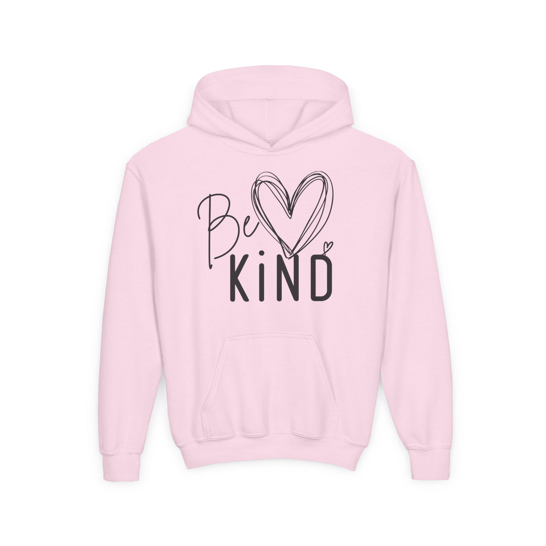 Be Kind Youth Hoodie with Be ♥ Kind design on chest, featuring a kangaroo pocket and ultra-soft fleece for comfort.