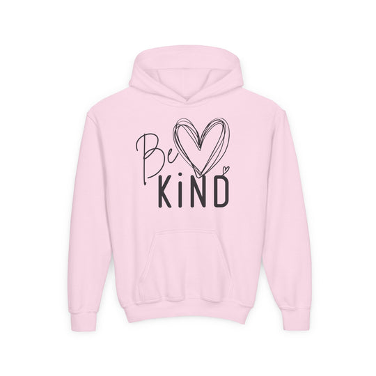 Be Kind Youth Hoodie with Be ♥ Kind design on chest, featuring a kangaroo pocket and ultra-soft fleece for comfort.