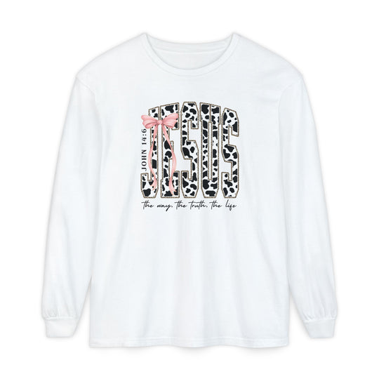 John 14:6 Long Sleeve Tee featuring JESUS in cow-spot and leopard patterns with the way, the truth, the life script, perfect for casual comfort.
