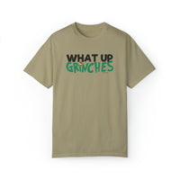 Unisex tan t-shirt with bold What up Grinches graphic design. Made of 80% ring-spun cotton, 20% polyester blend for luxurious comfort. Relaxed fit, rolled-forward shoulder, and back neck patch detail.