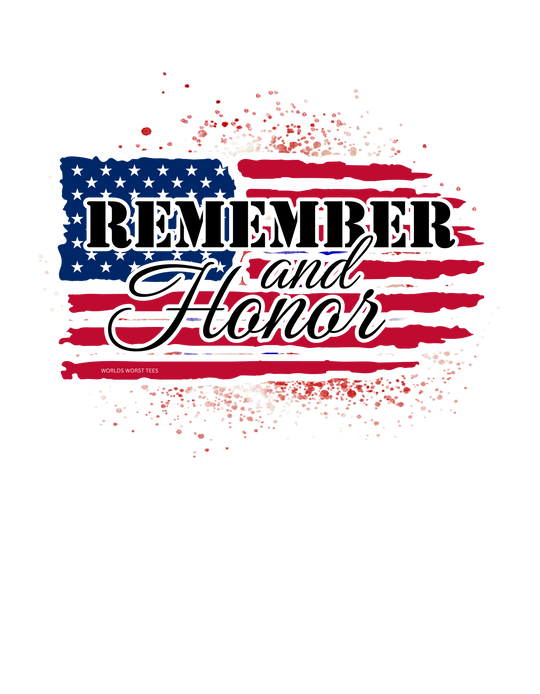 A classic unisex jersey tee with a patriotic flag design, featuring stars and stripes. Made of soft 100% cotton, with ribbed knit collars and taping on shoulders for a better fit. From the 'Remember and Honor Tee' collection at Worlds Worst Tees.