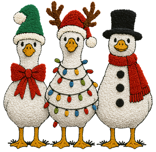 Three festive geese in holiday attire feature on the Christmas Geese Kids Tee, showcasing playful winter-themed accessories.