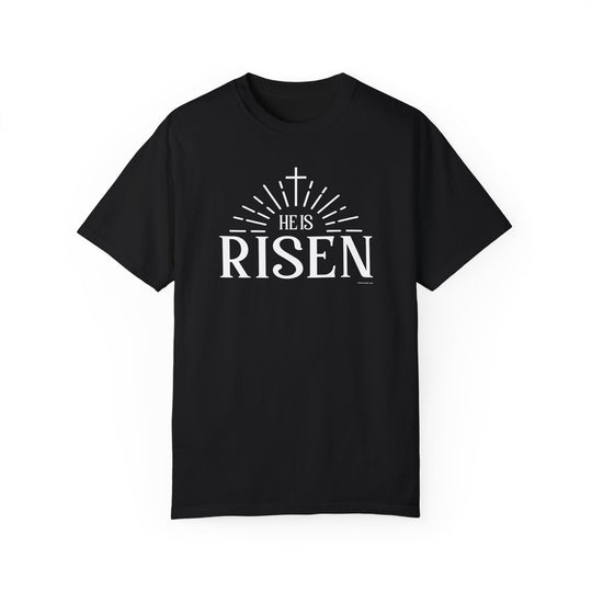 Relaxed fit He is Risen Tee, 100% ring-spun cotton. Garment-dyed for coziness, double-needle stitching for durability, no side-seams for shape retention. Ideal daily wear from Worlds Worst Tees.