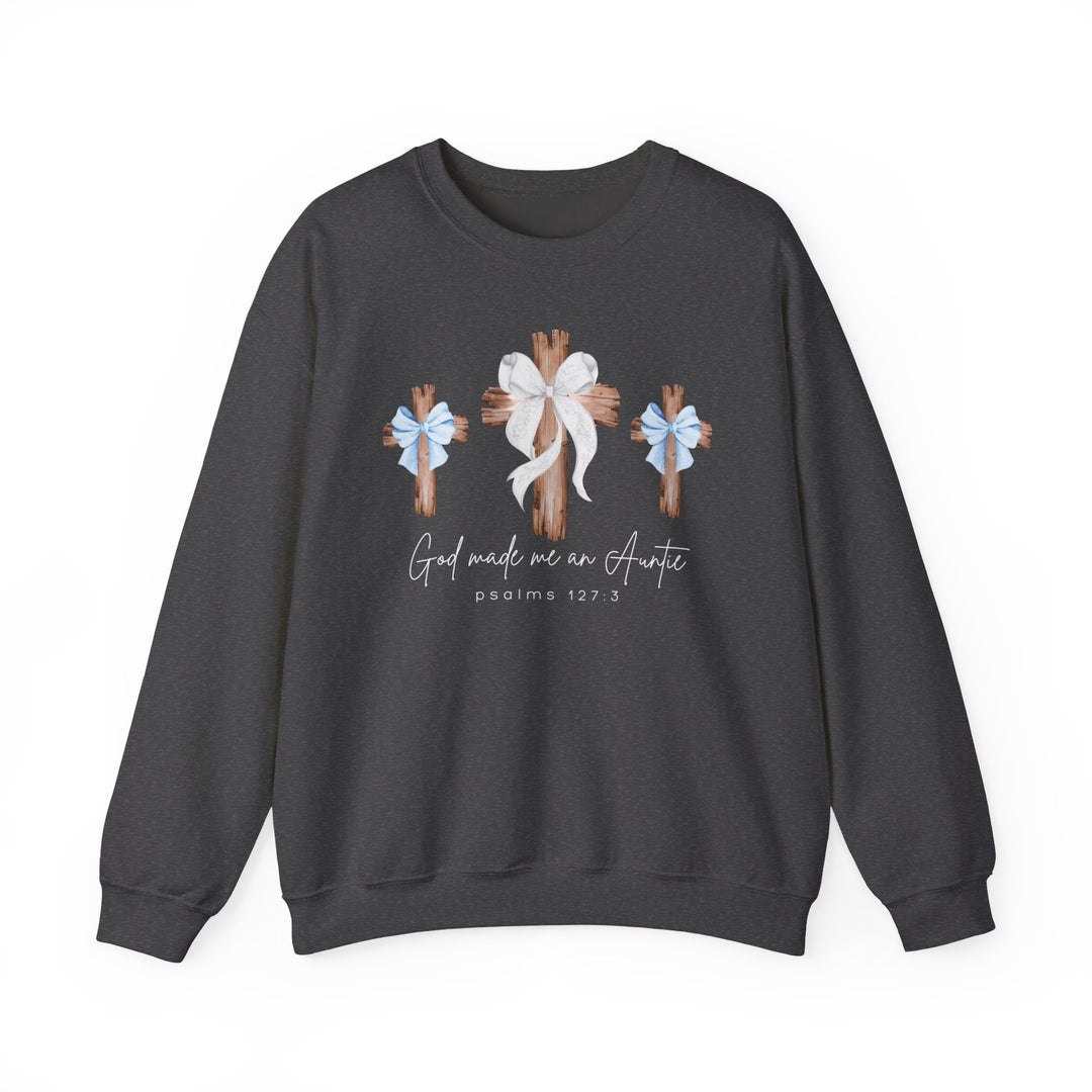 God Made Me a Boy Auntie Crew sweatshirt with stylized wooden crosses and scripture, offering comfort with a unisex blend.