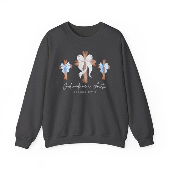 God Made Me a Boy Auntie Crew sweatshirt with stylized wooden crosses and scripture, offering comfort with a unisex blend.
