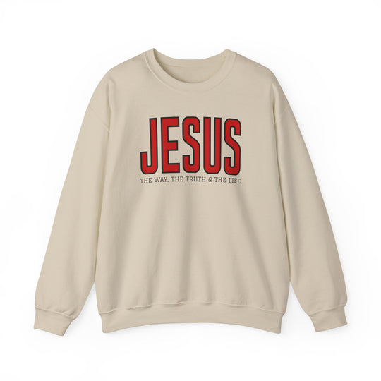 Cream-colored crewneck sweatshirt with bold red JESUS text, black outline, and THE WAY, THE TRUTH & THE LIFE beneath, offering comfort and durability.