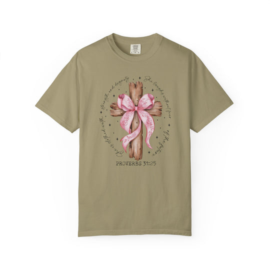 Proverbs 31:25 Tee features a rustic cross with a floral ribbon and empowering scripture, ideal for stylish, meaningful wear from Faith Family Designs.