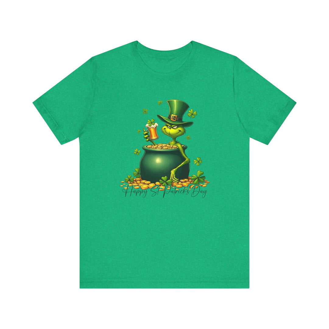Grinchy St Patrick's Tee featuring a cartoon leprechaun holding a pot of gold, perfect for adding humor to festive celebrations.