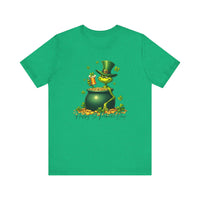 Grinchy St Patrick's Tee featuring a cartoon leprechaun holding a pot of gold, perfect for adding humor to festive celebrations.