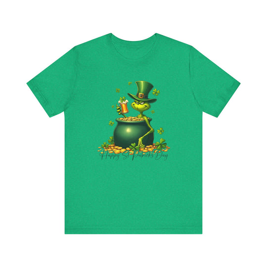 Grinchy St Patrick's Tee featuring a cartoon leprechaun holding a pot of gold, perfect for adding humor to festive celebrations.
