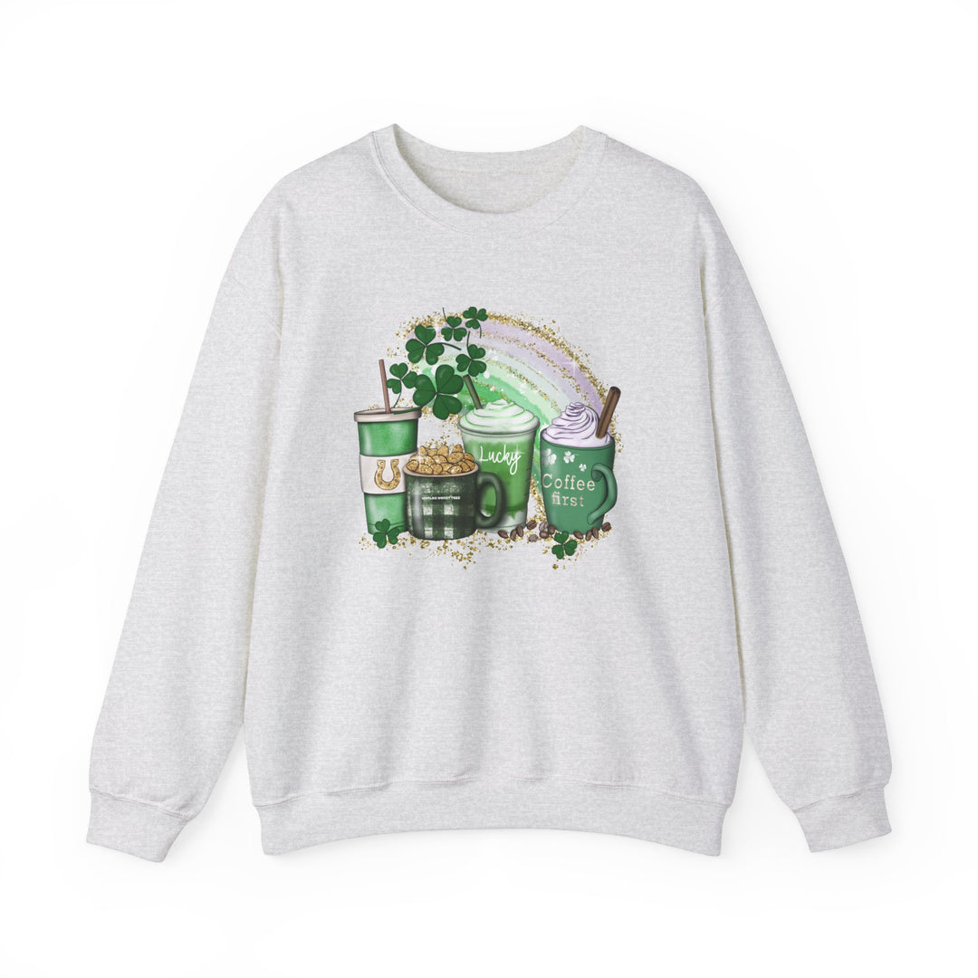 Unisex Lucky Coffee Crew sweatshirt featuring a rainbow and coffee cups design. Comfortable blend of polyester and cotton, ribbed knit collar, no itchy side seams. Sizes S-5XL. From Worlds Worst Tees.