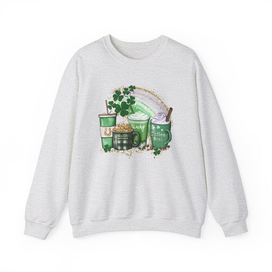 Unisex Lucky Coffee Crew sweatshirt featuring a rainbow and coffee cups design. Comfortable blend of polyester and cotton, ribbed knit collar, no itchy side seams. Sizes S-5XL. From Worlds Worst Tees.