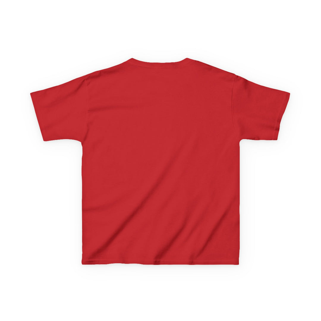 Back view of the Spider Ball Christmas Kids Tee, a plain red short-sleeved T-shirt, ideal for everyday wear, made from soft, durable cotton.
