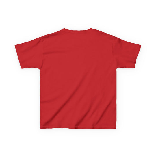 Back view of the Spider Ball Christmas Kids Tee, a plain red short-sleeved T-shirt, ideal for everyday wear, made from soft, durable cotton.