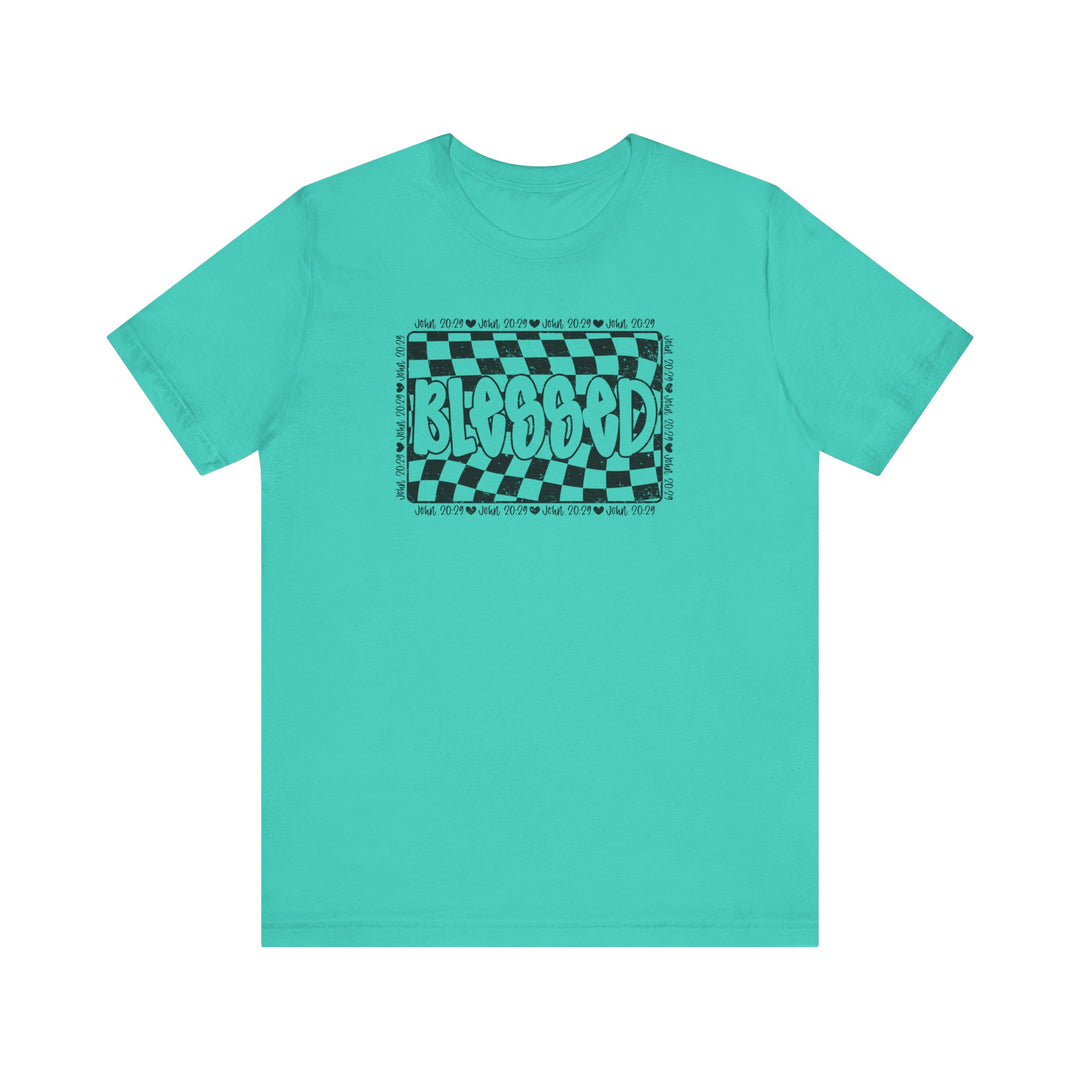Blessed Tee: Unisex jersey short sleeve t-shirt with black text graphic, made from soft cotton, featuring ribbed knit collars and dual side seams for durability.