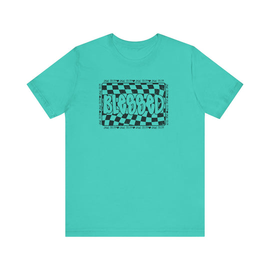 Blessed Tee: Unisex jersey short sleeve t-shirt with black text graphic, made from soft cotton, featuring ribbed knit collars and dual side seams for durability.
