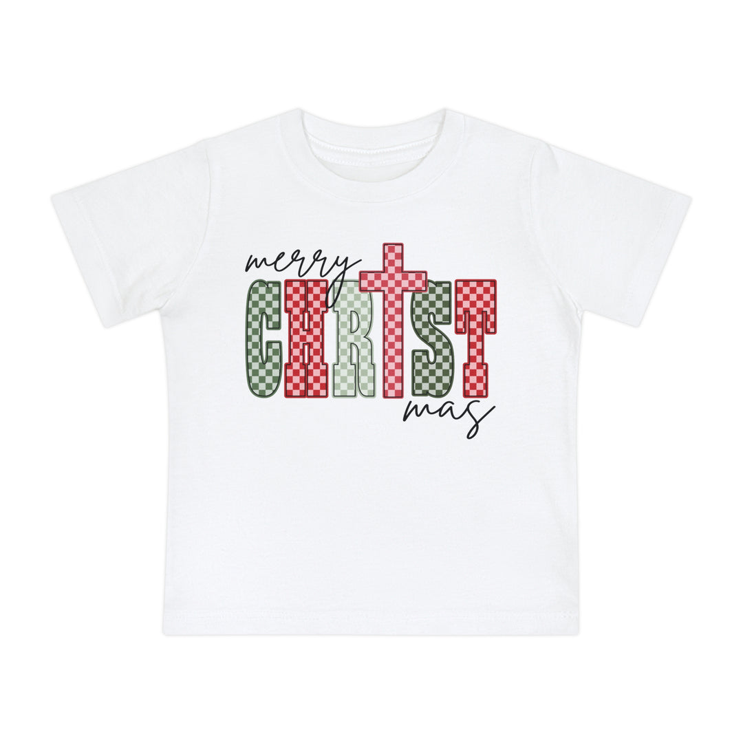 Christmas zBaby Tee: A children's white T-shirt with merry CHRISTmas, featuring bold red-and-green checkered CHRIST letters, perfect for holiday style and comfort.