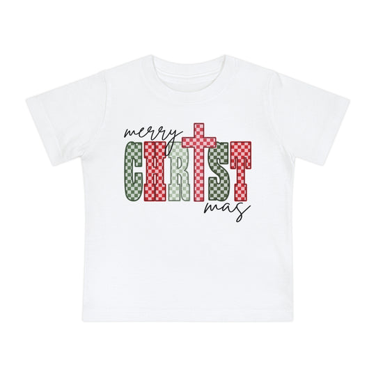 Christmas zBaby Tee: A children's white T-shirt with merry CHRISTmas, featuring bold red-and-green checkered CHRIST letters, perfect for holiday style and comfort.