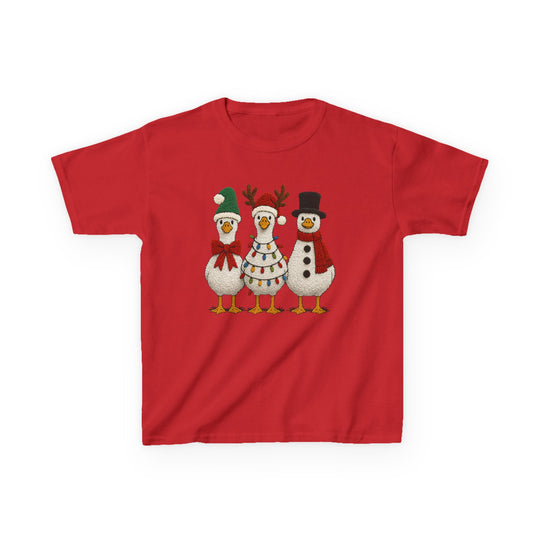 Christmas Geese Kids Tee features three festively dressed geese on a bright red T-shirt, perfect for everyday wear with its durable, soft cotton fabric.