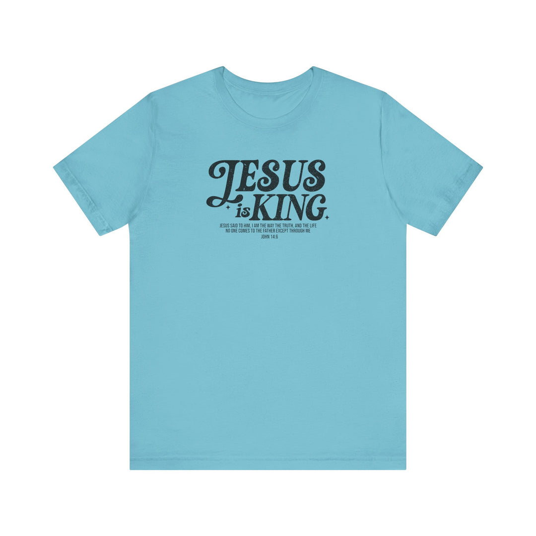 Jesus is King Tee, a blue short sleeve t-shirt with black text, offers a soft cotton feel and quality print, providing a comfortable, well-loved fit.
