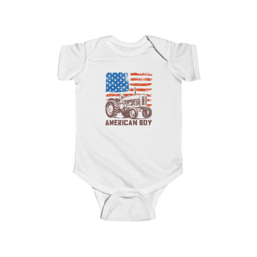 American Boy Onesie featuring a rustic American-flag motif, old-style tractor illustration, and AMERICAN BOY text. Made from soft, durable cotton with easy-change snaps.
