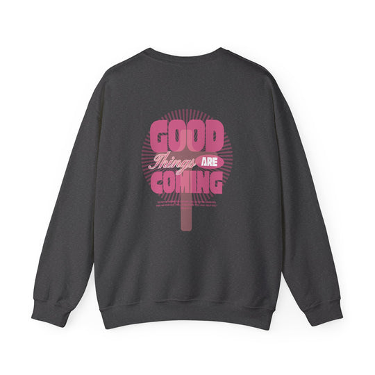 Good Things are Coming Crew sweatshirt, a unisex, medium-heavy blend, crewneck with ribbed knit collar, offering comfort and durability, ideal for cooler months.