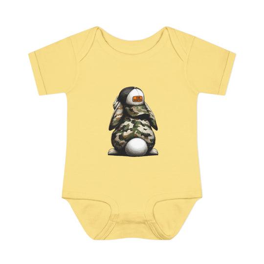 Egg Hunter Onesie featuring a cartoon bunny in a hat, crafted from soft, ring-spun cotton. Designed for comfort with lap shoulders for easy dressing.