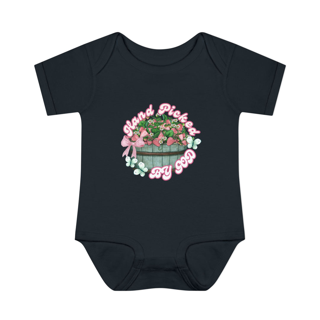 Infant bodysuit titled Hand Picked by GOD Onesie, showcasing a soft, one-piece design with lap shoulders, ideal for comfort and easy dressing.