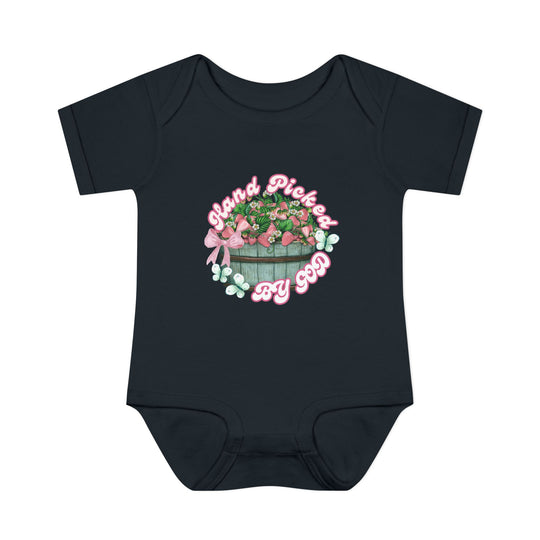 Infant bodysuit titled Hand Picked by GOD Onesie, showcasing a soft, one-piece design with lap shoulders, ideal for comfort and easy dressing.