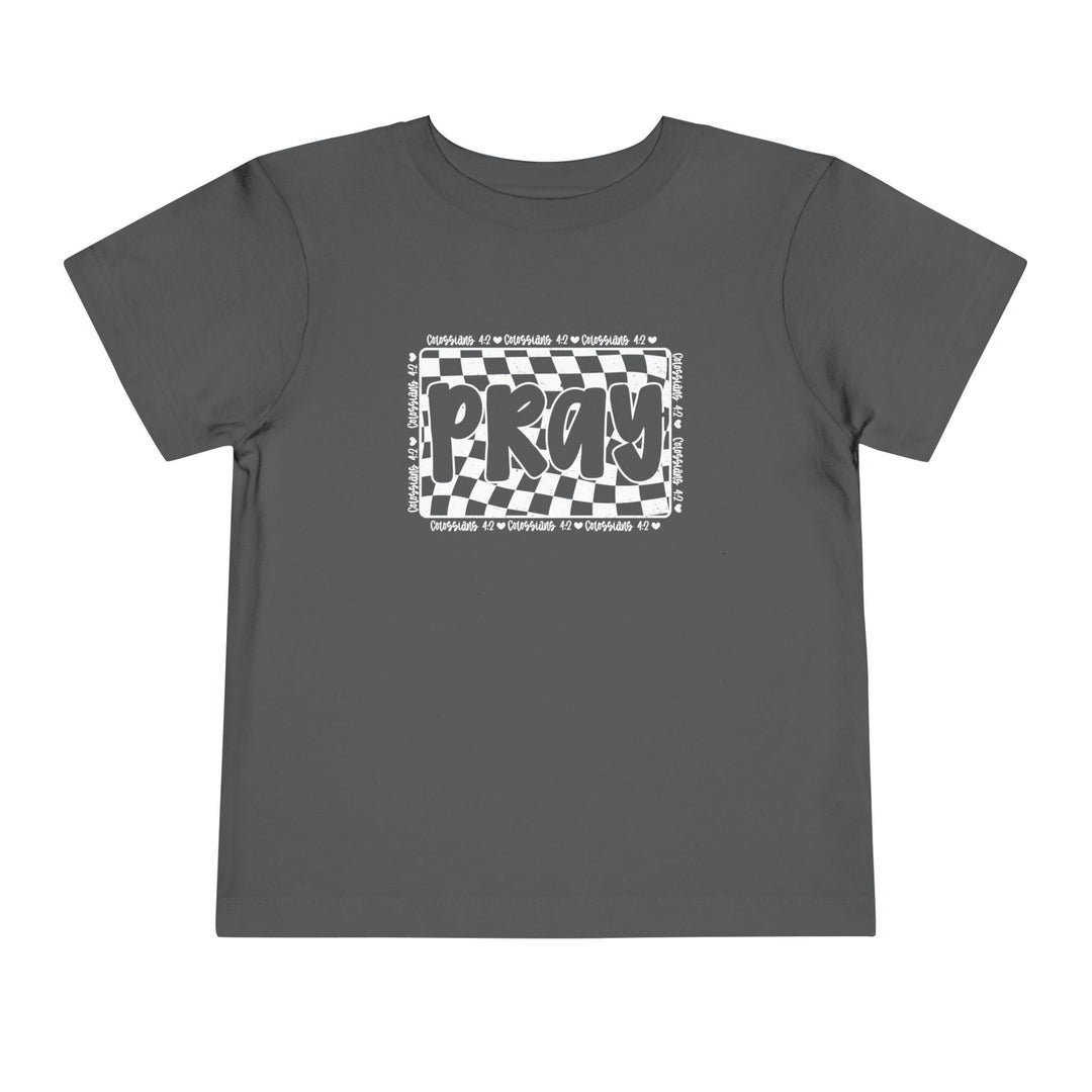 Pray Toddler Tee: Grey t-shirt featuring a black and white design, crafted from 100% Airlume cotton, perfect for adding a unique touch to kids' wardrobes.
