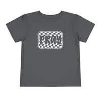 Pray Toddler Tee: Grey t-shirt featuring a black and white design, crafted from 100% Airlume cotton, perfect for adding a unique touch to kids' wardrobes.