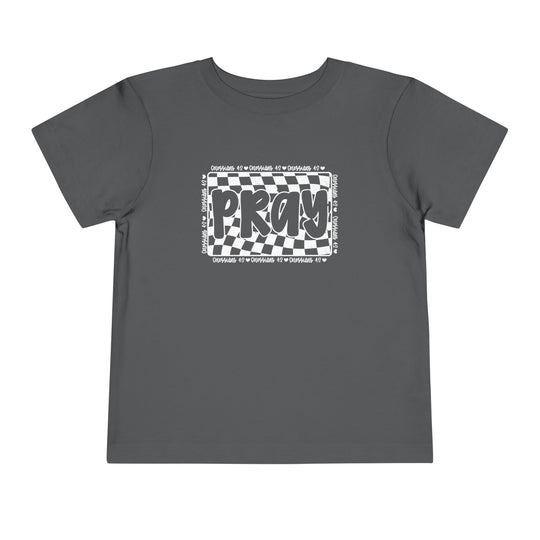 Pray Toddler Tee: Grey t-shirt featuring a black and white design, crafted from 100% Airlume cotton, perfect for adding a unique touch to kids' wardrobes.