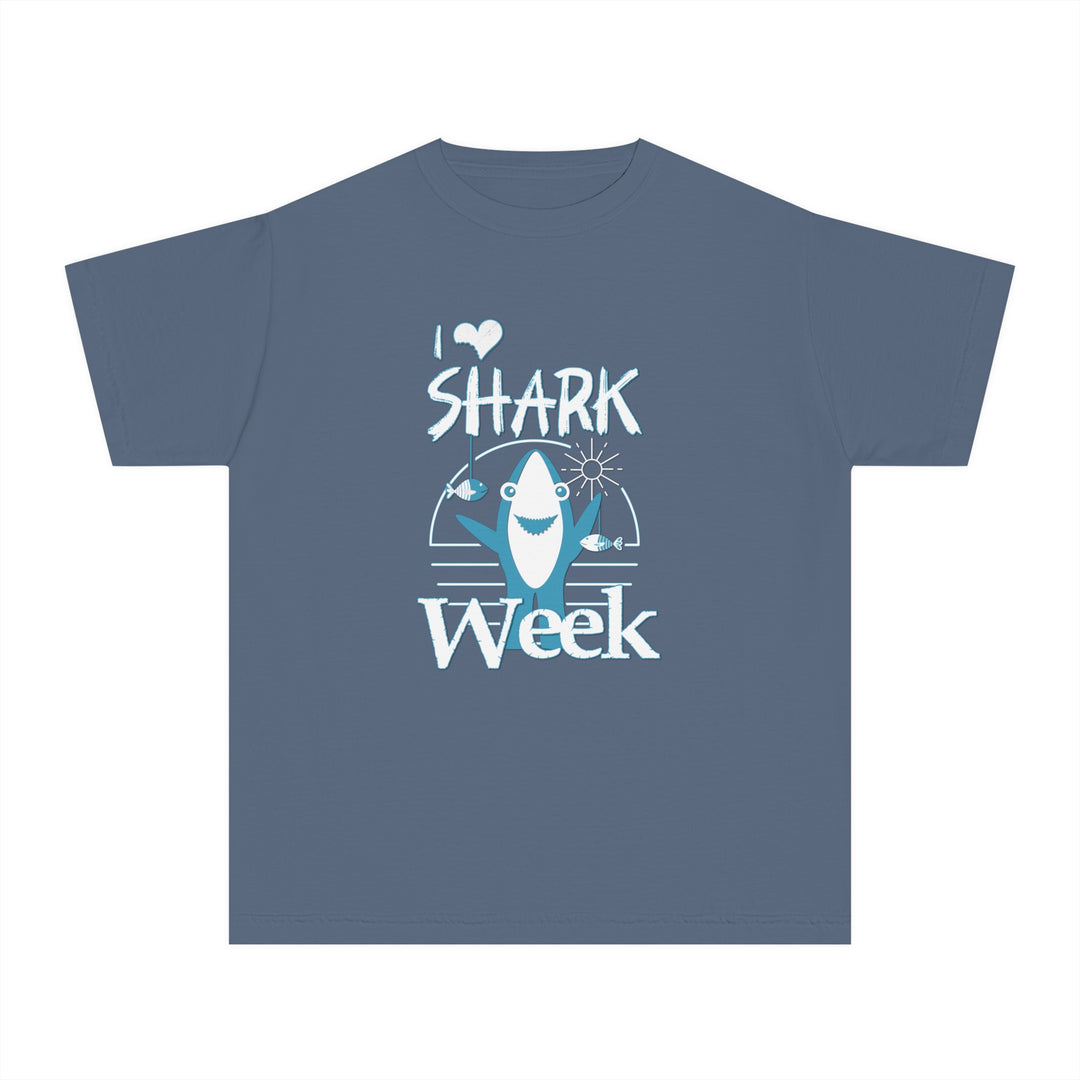 I Love Shark Week Kids Tee, classic fit, soft-washed, garment-dyed, perfect for active kids, made with 100% combed ringspun cotton for comfort and durability.
